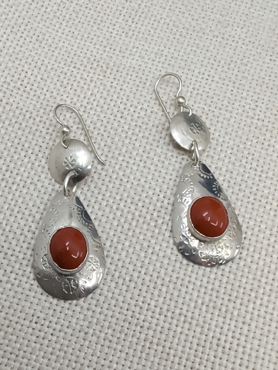 Hand Crafted Jewelry - Vintage Sterling Silver Red Coral Cabochon Teardrop Dangle Earrings Artisan
